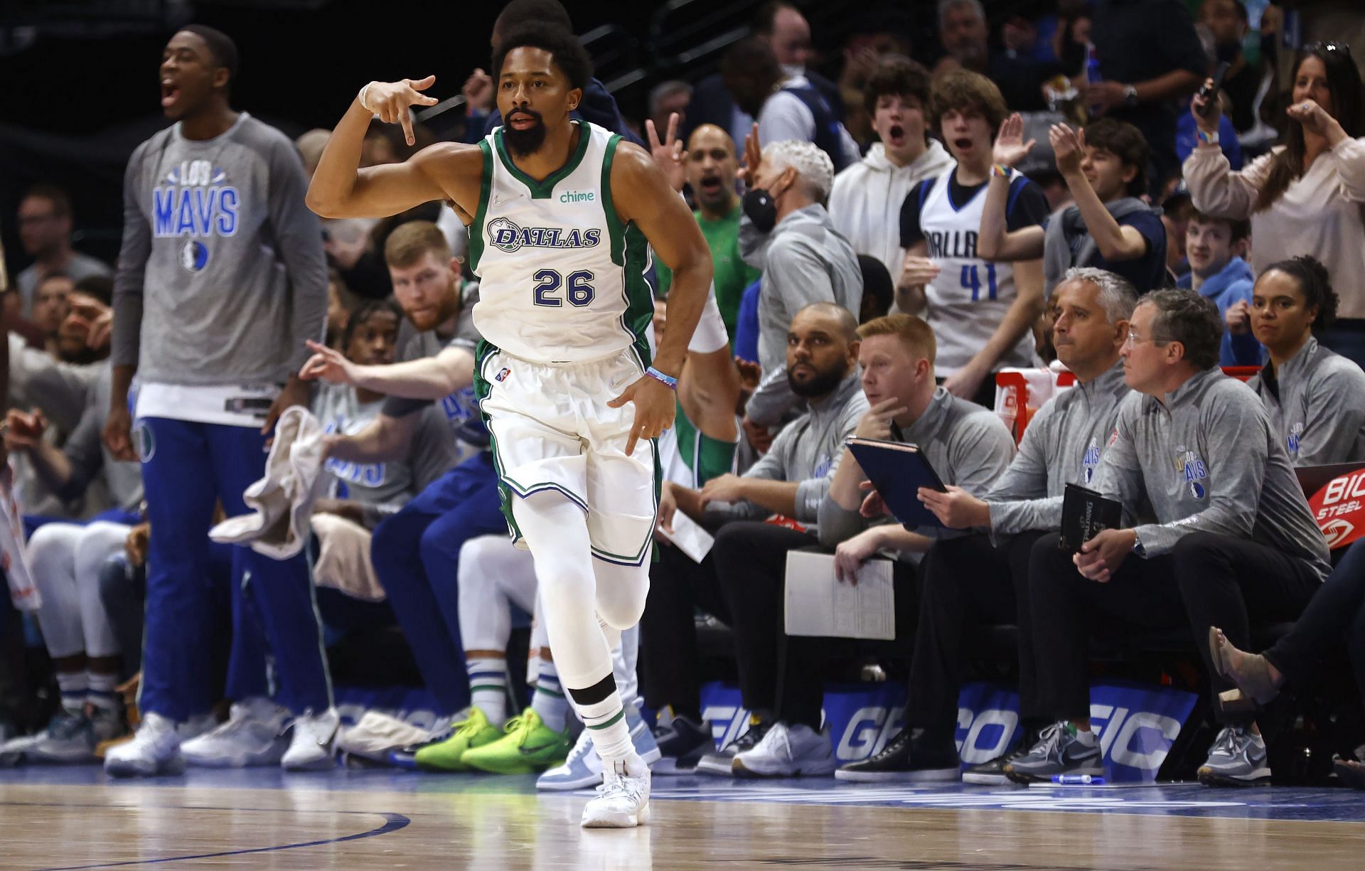 Spencer Dinwiddie celebrates a three-pointer.