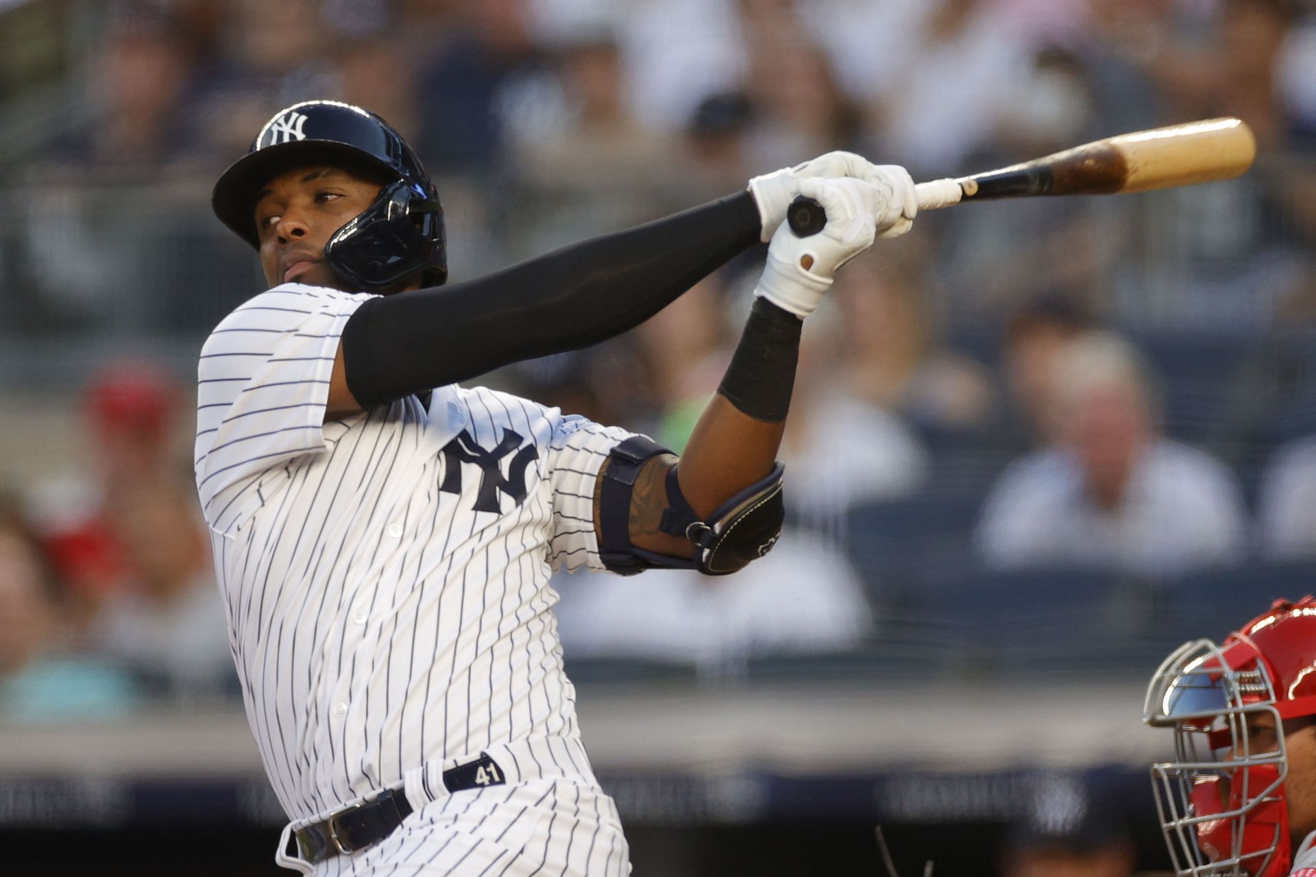 Miguel Andujar bats during a New York Yankees game