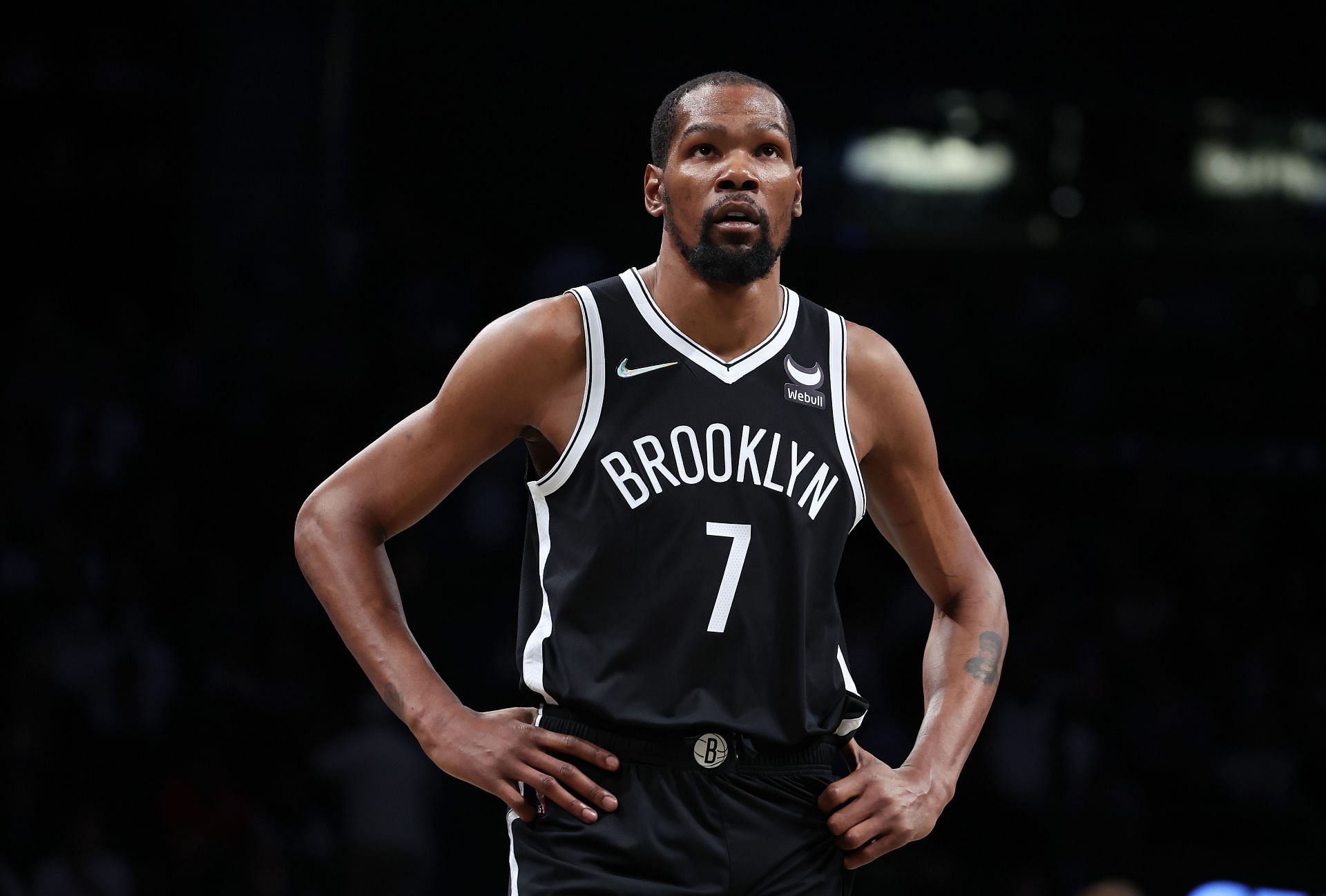 Kevin Durant of the Brooklyn Nets looks on against the Dallas Mavericks during their game at Barclays Center on Wednesday in New York City.