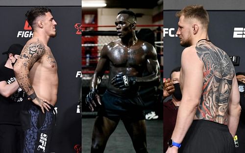 Tom Aspinall (left), Israel Adesanya (center), and Alexander Volkov (right) [Center image courtesy: @stylebender on Instagram]