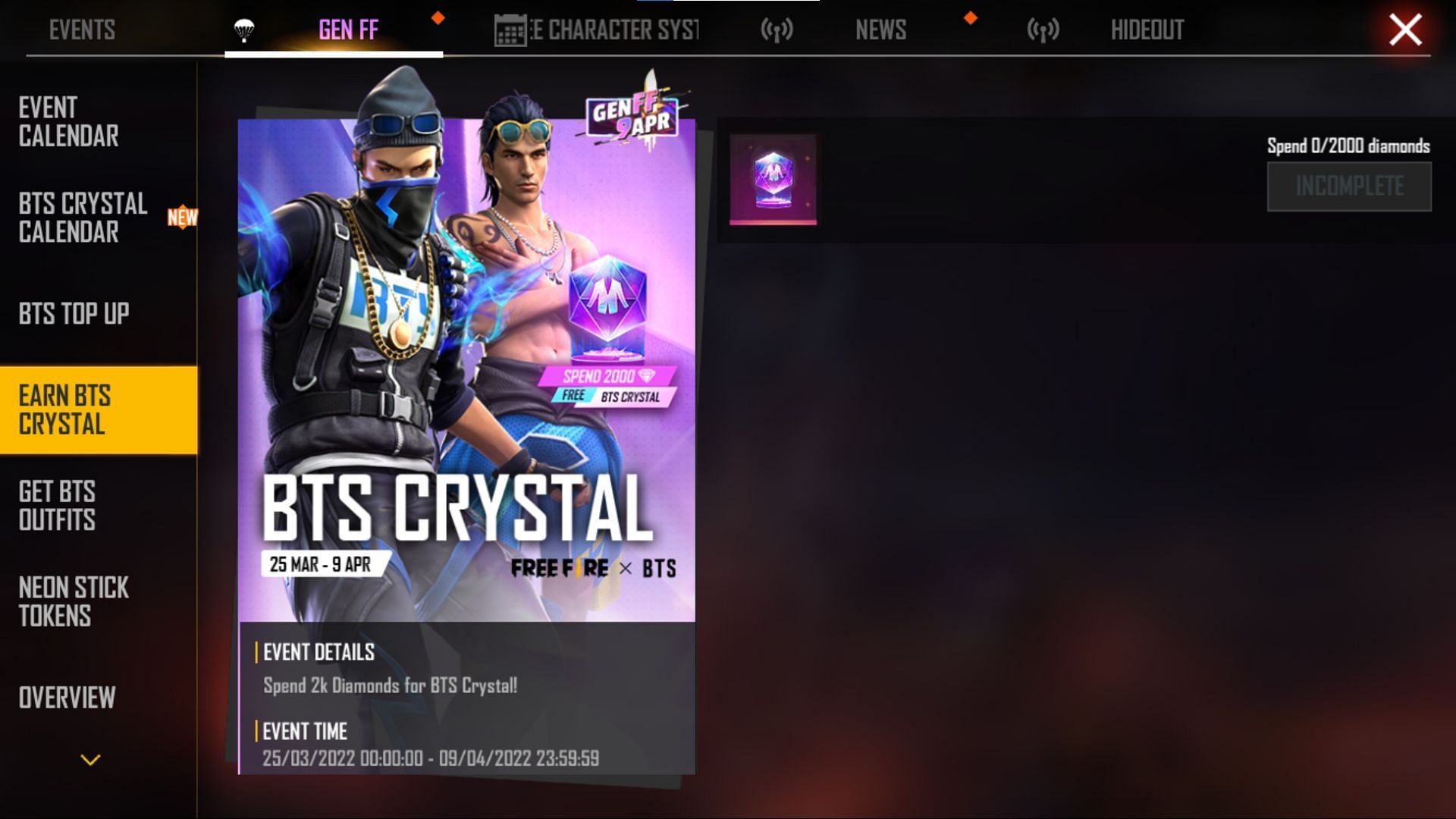 BTS Crystal is also available for spending 2000 diamonds (Image via Garena)