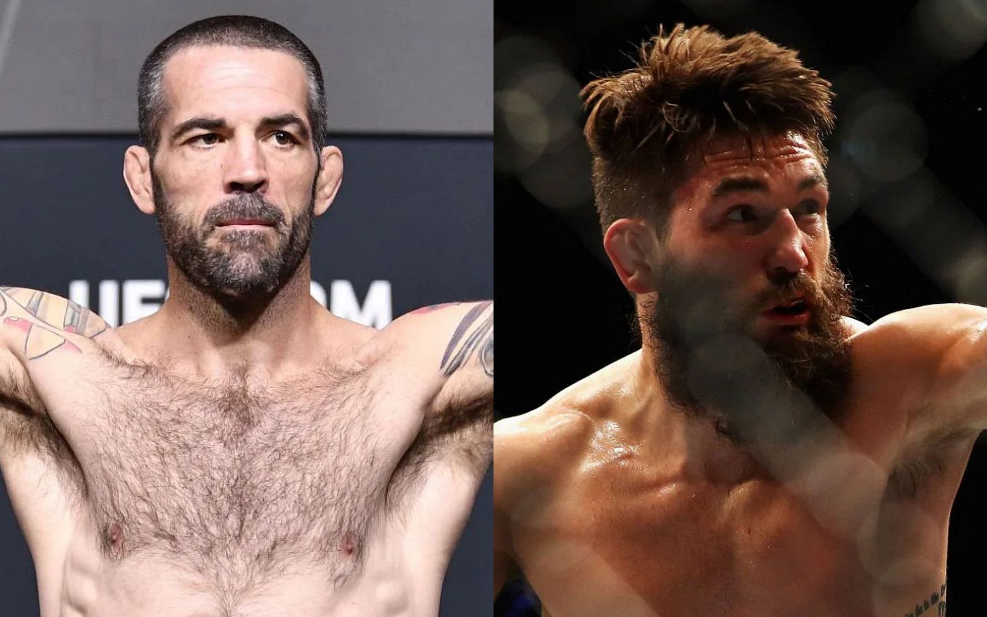 Matt Brown (left) is unhappy with the judges&#039; decision in his loss to Bryan Barberena (right) at UFC Columbus