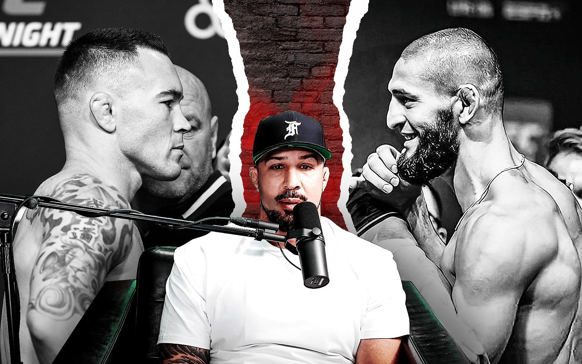 Colby Covington (left), Brendan Schaub (center) &amp; Khamzat Chimaev (right) [Image Credits- @Thicc Boy on YouTube and @khamzat_chimaev on Instagram]