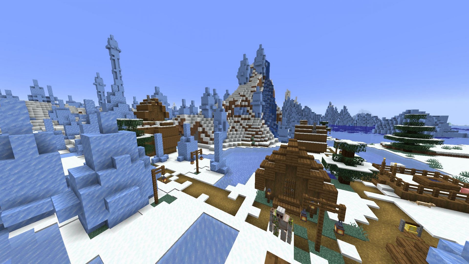 Jagged ice spikes rise above the arctic village (Image via MinecraftSeeds)