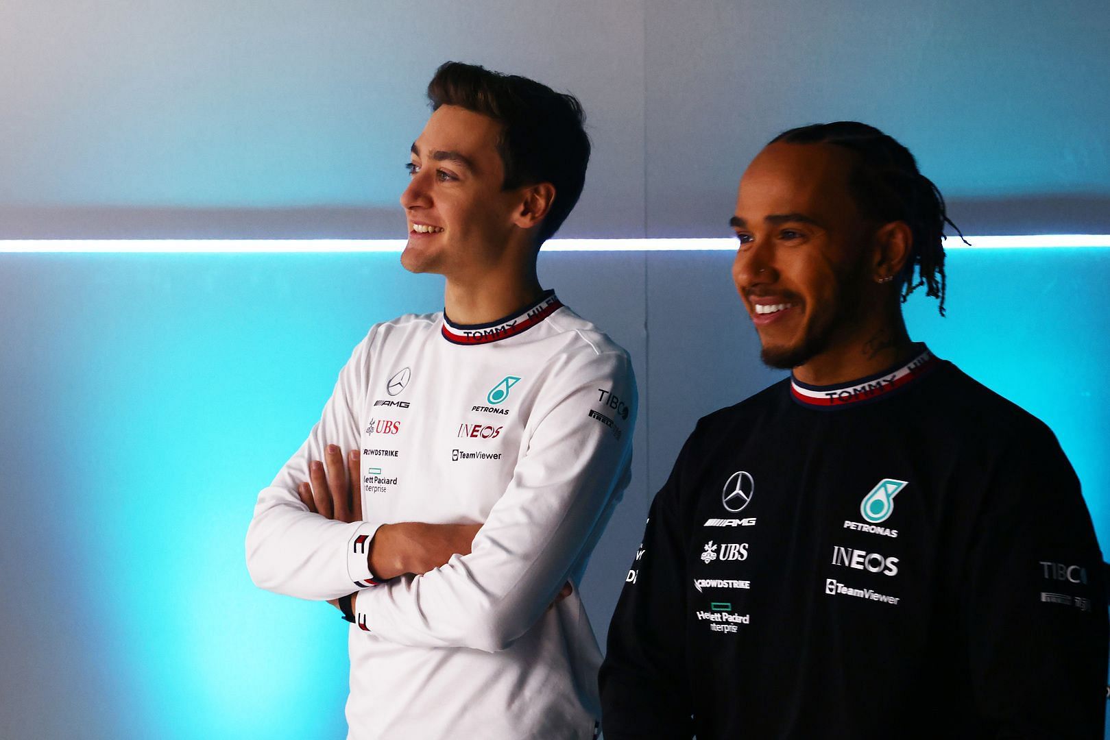 Lewis Hamilton (right) and George Russell (left) at the Mercedes W13 launch (Photo by Mercedes team images)