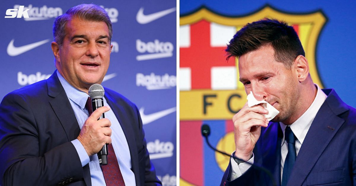 Joan Laporta [left] is not planning to re-sign Lionel Messi [right].