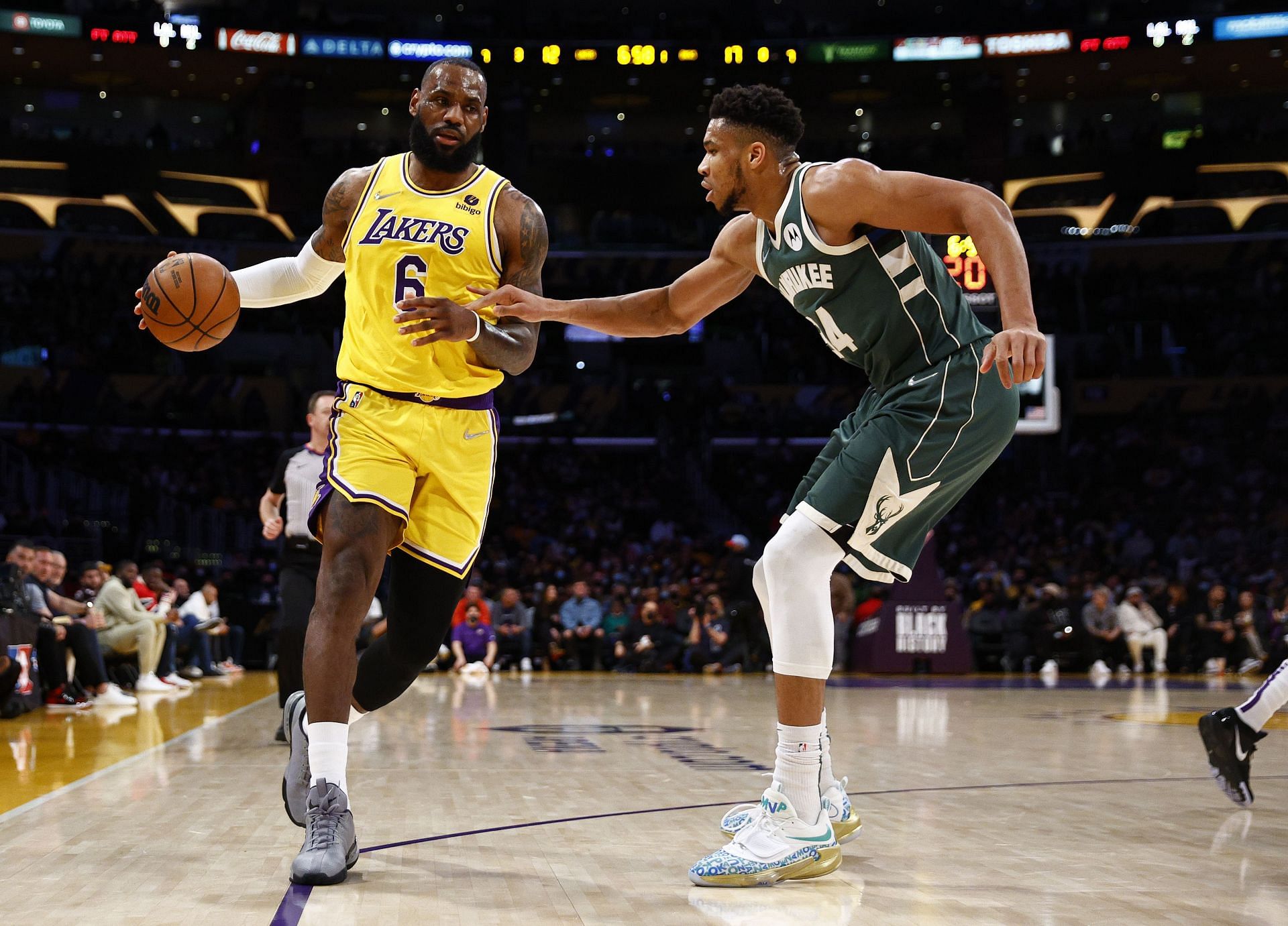 LeBron James #6 of the Los Angeles Lakers and Giannis Antetokounmpo #34 of the Milwaukee Buck