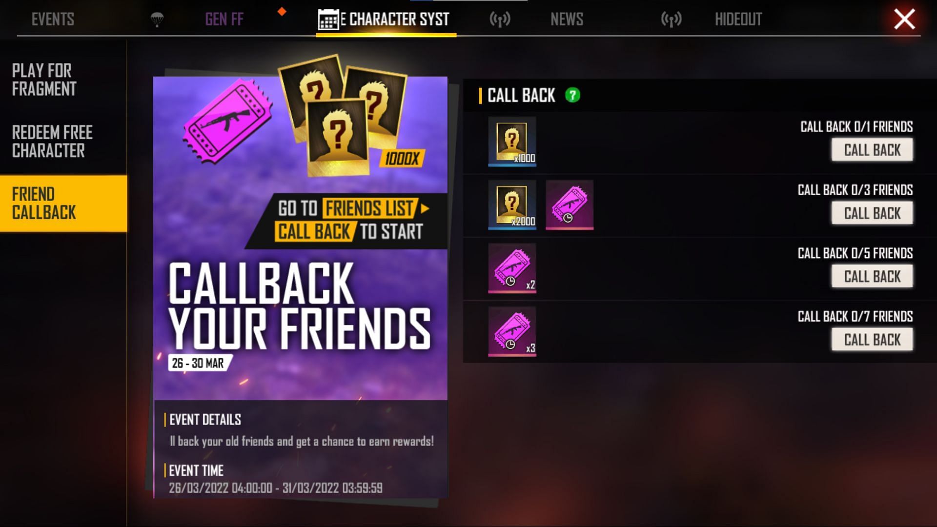 Rewards in the Friends Callback in Free Fire MAX (Image via Garena)