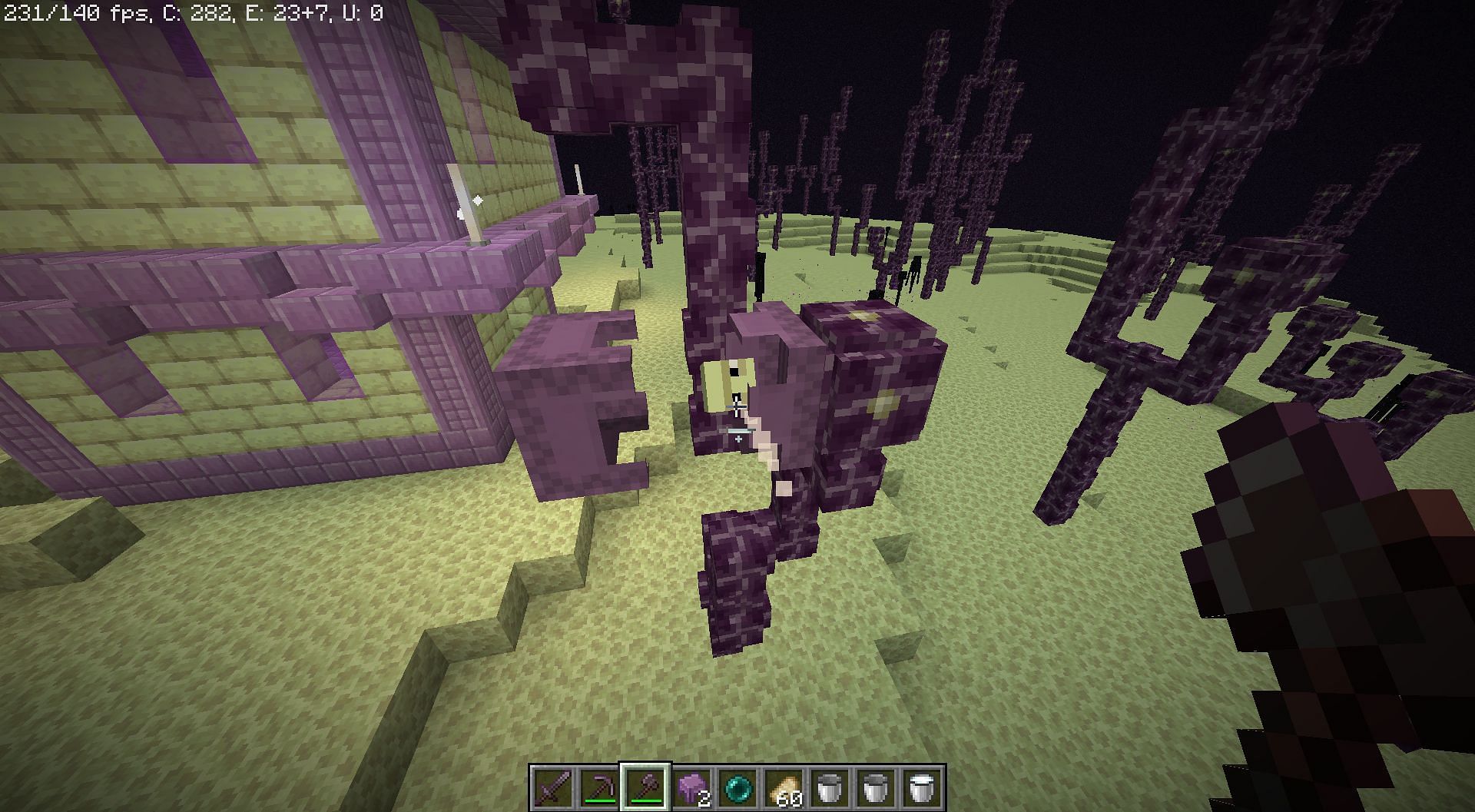 An old mob teleported on a chorus tree (Image via Minecraft)