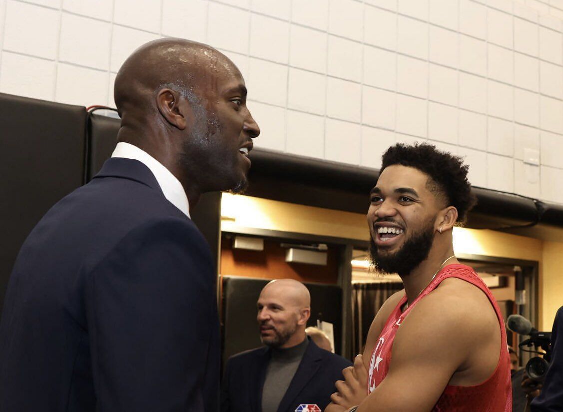 Kevin Garnett and Karl-Anthony Towns at the 2022 All-Star game