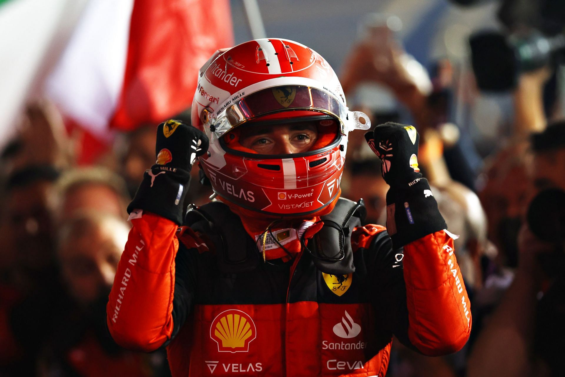 Charles Leclerc celebrates after winning the 2022 Bahrain Grand Prix