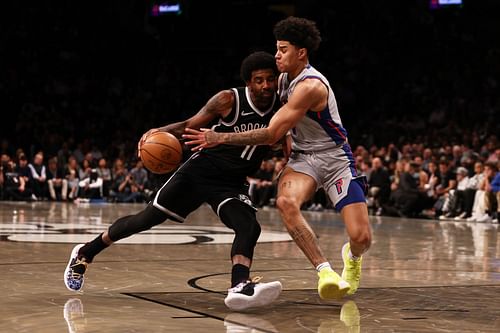 Detroit Pistons vs. Brooklyn Nets: Kyrie Irving driving the ball