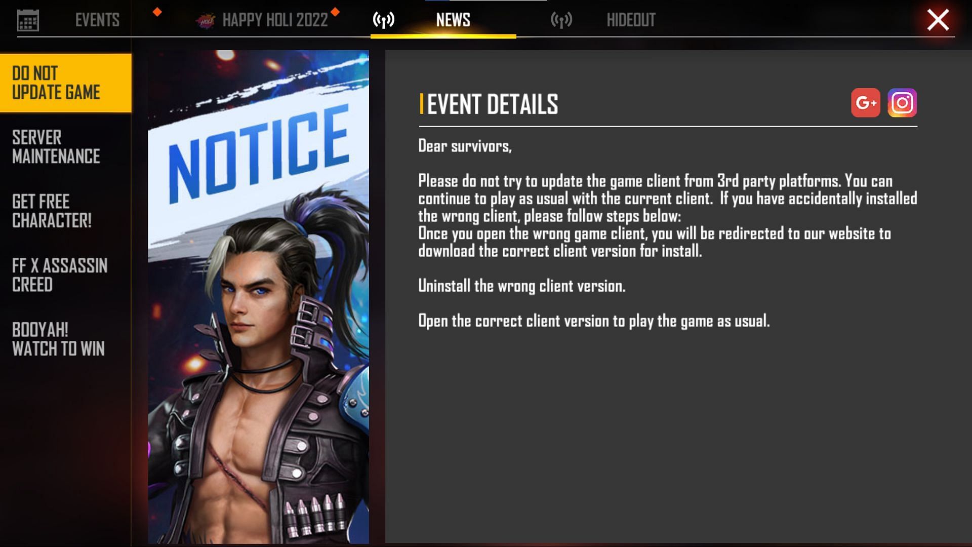 The notice for not trying to update the game from 3rd party sources (Image via Garena)