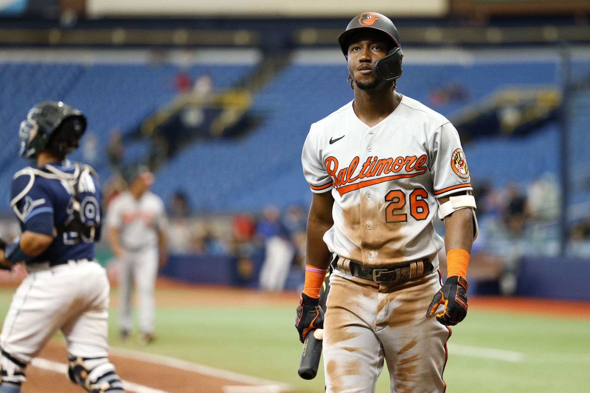 Jorge Mateo of the Baltimore Orioles reacts after being struck out in a loss to TB Rays