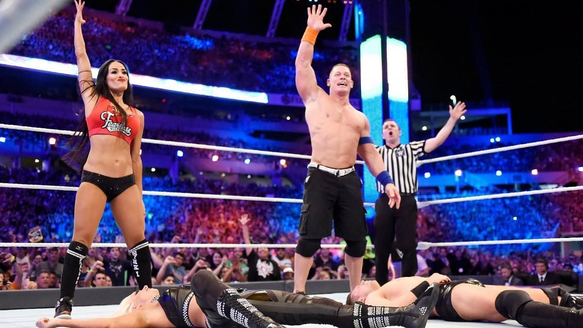 John Cena and Nikki Bella performing the Five Knuckle Shuffle at WrestleMania 33