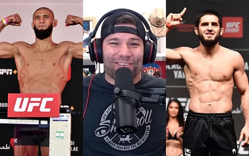 Khamzat Chimaev (L); Josh Thomson via. Youtube/WeighingIn (C); Islam Makhachev (R)