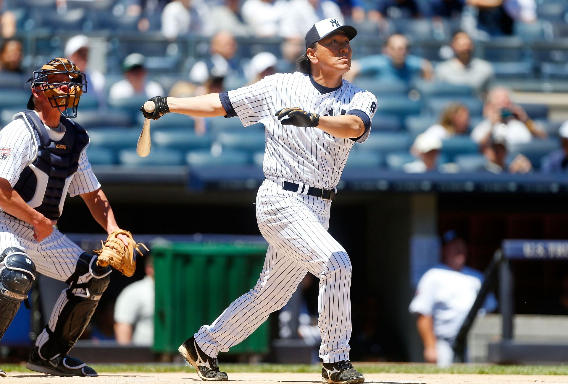 Hideki Matsui bats during a Tigers v Yankees game.