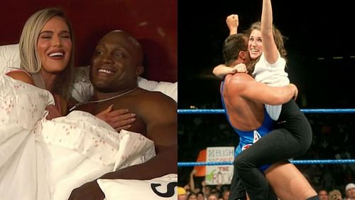 Bobby Lashley with Lana (left) and Kurt Angle with Stephanie McMahon (right)