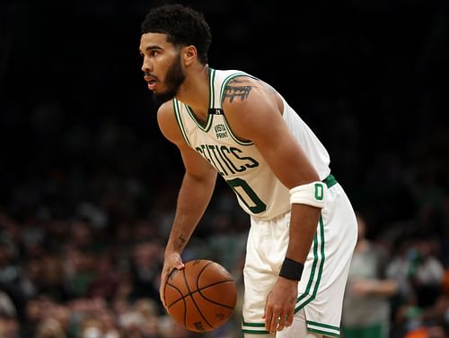 Jayson Tatum of the Boston Celtics looks on against the Atlanta Hawks at TD Garden on March 1 in Boston, Mass. The Celtics defeat the Hawks 107-98.