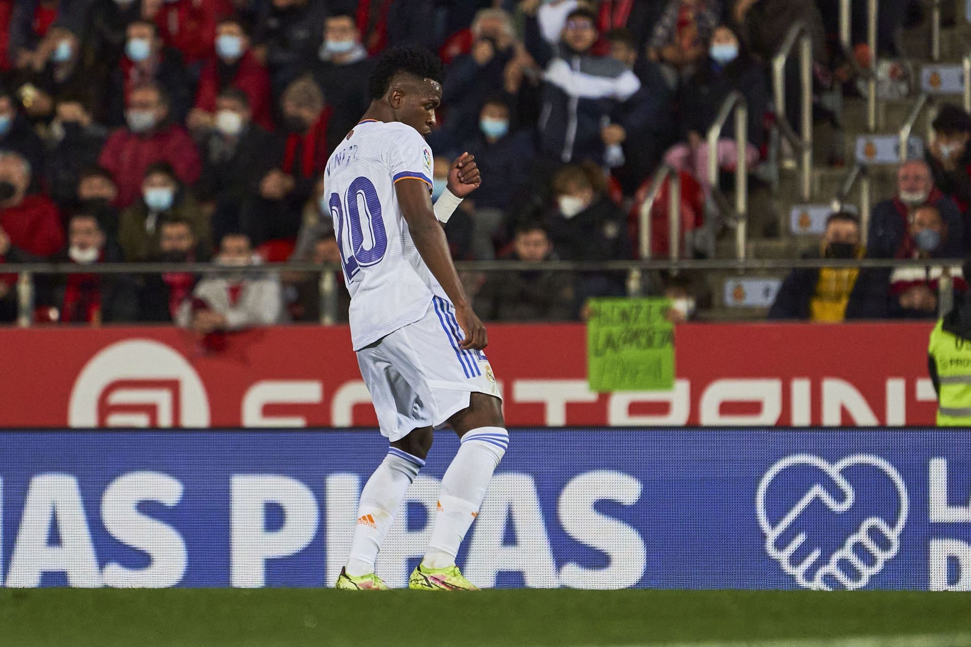 Vinicius Jr celebrates after scoring a goal.