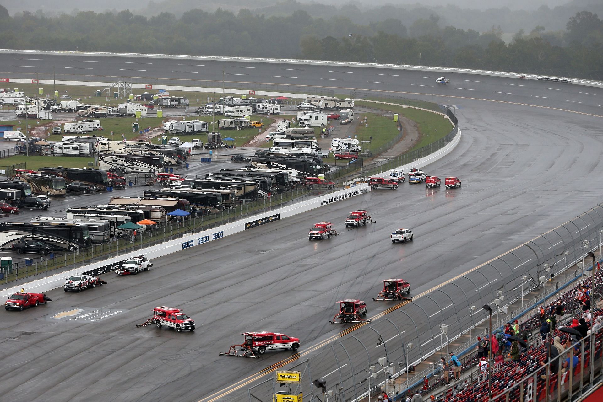 The Track Drying Team works to dry the track during a rain delay in the NASCAR Cup Series YellaWood 500 at Talladega Superspeedway in 2021. (Photo by Brian Lawdermilk/Getty Images)