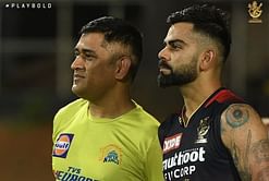 MS Dhoni and Virat Kohli catch up during a practice session ahead of IPL 2022