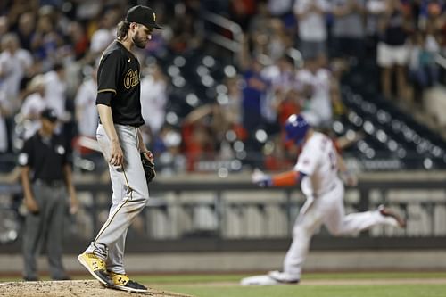 JT Brubaker of the Pittsburgh Pirates reacts after giving up a 3-run HR to Pete Alonso of the New York Mets