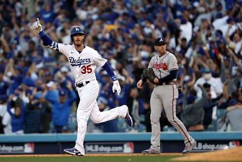 Cody Bellinger rounds the bases during the Championship Series - Atlanta Braves v Los Angeles Dodgers - Game Three