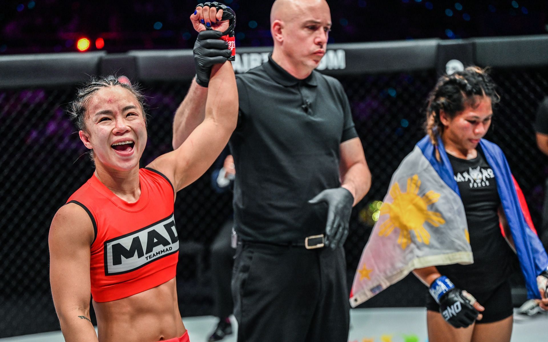 Ham Seo Hee (left) gets her hand raised after her unanimous decision win over Denice Zamboanga (right) at ONE X. [Photo ONE Championship]