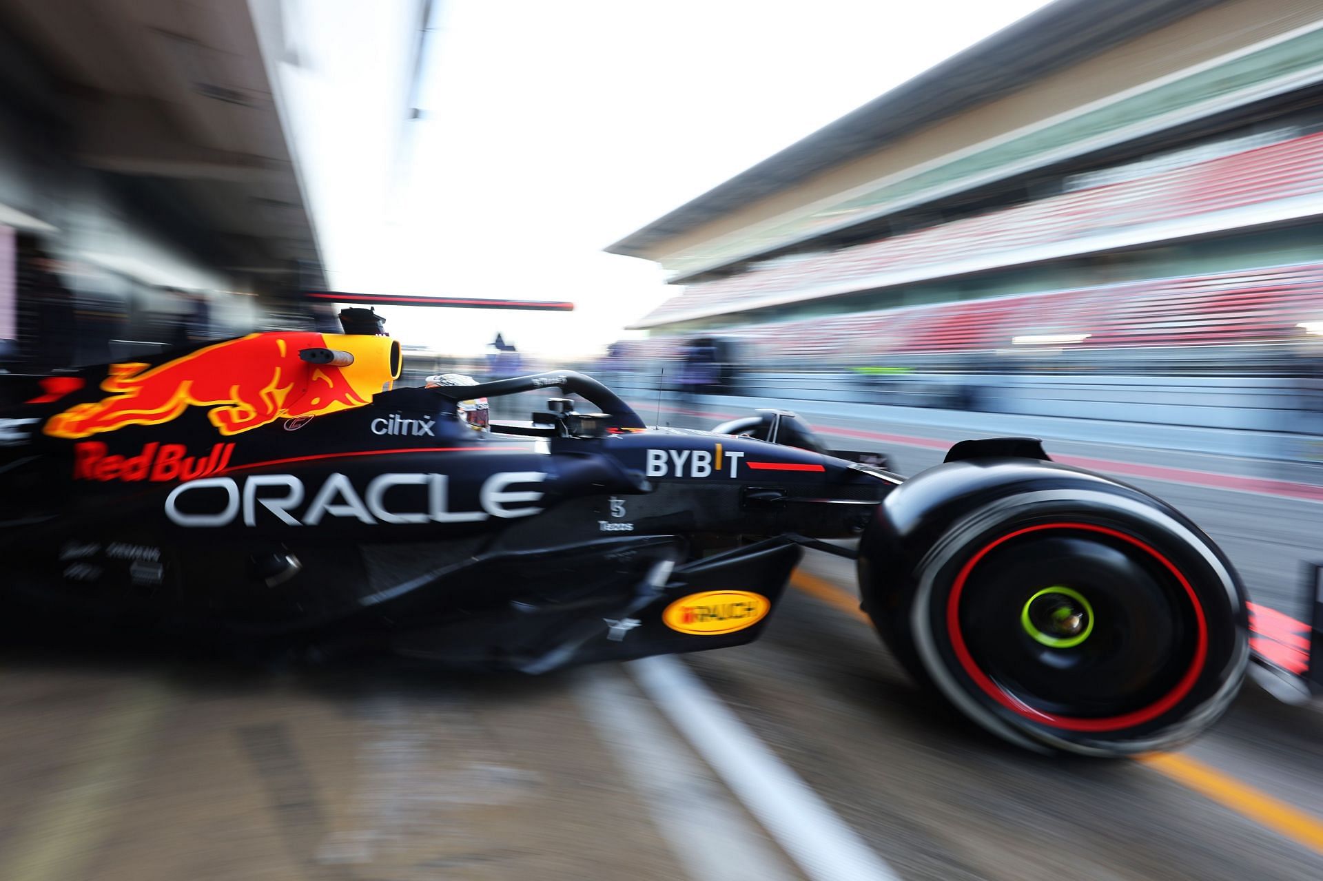 Max Verstappen driving the Red Bull RB18 leaves the garage during Day One of F1 Testing at Circuit de Barcelona-Catalunya on February 23, 2022 in Barcelona, Spain. (Photo by Mark Thompson/Getty Images)