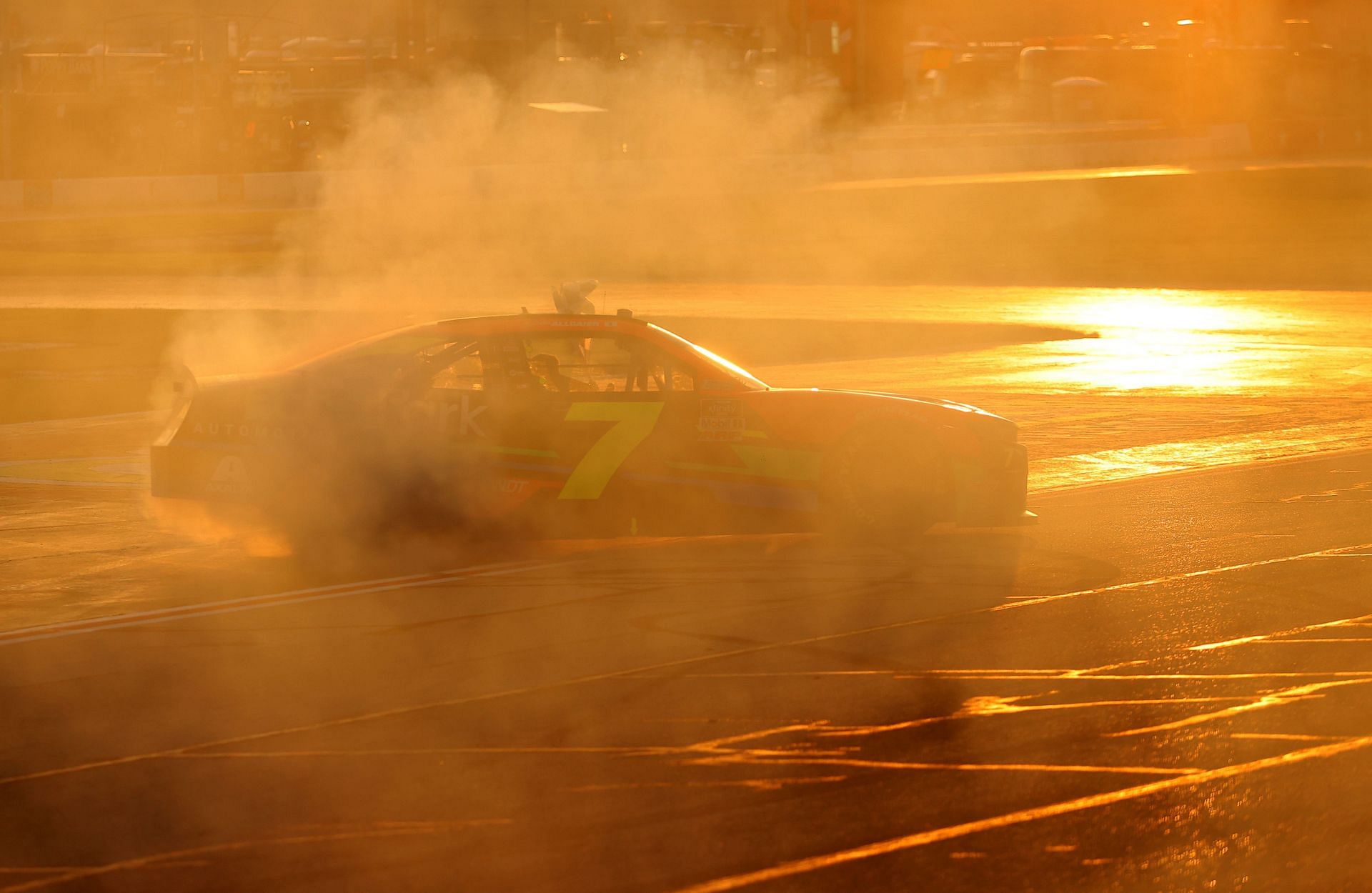 Justin Allgaier celebrates with a burnout after winning the NASCAR Xfinity Series EchoPark 250 at Atlanta Motor Speedway in 2021 (Photo by Kevin C. Cox/Getty Images)
