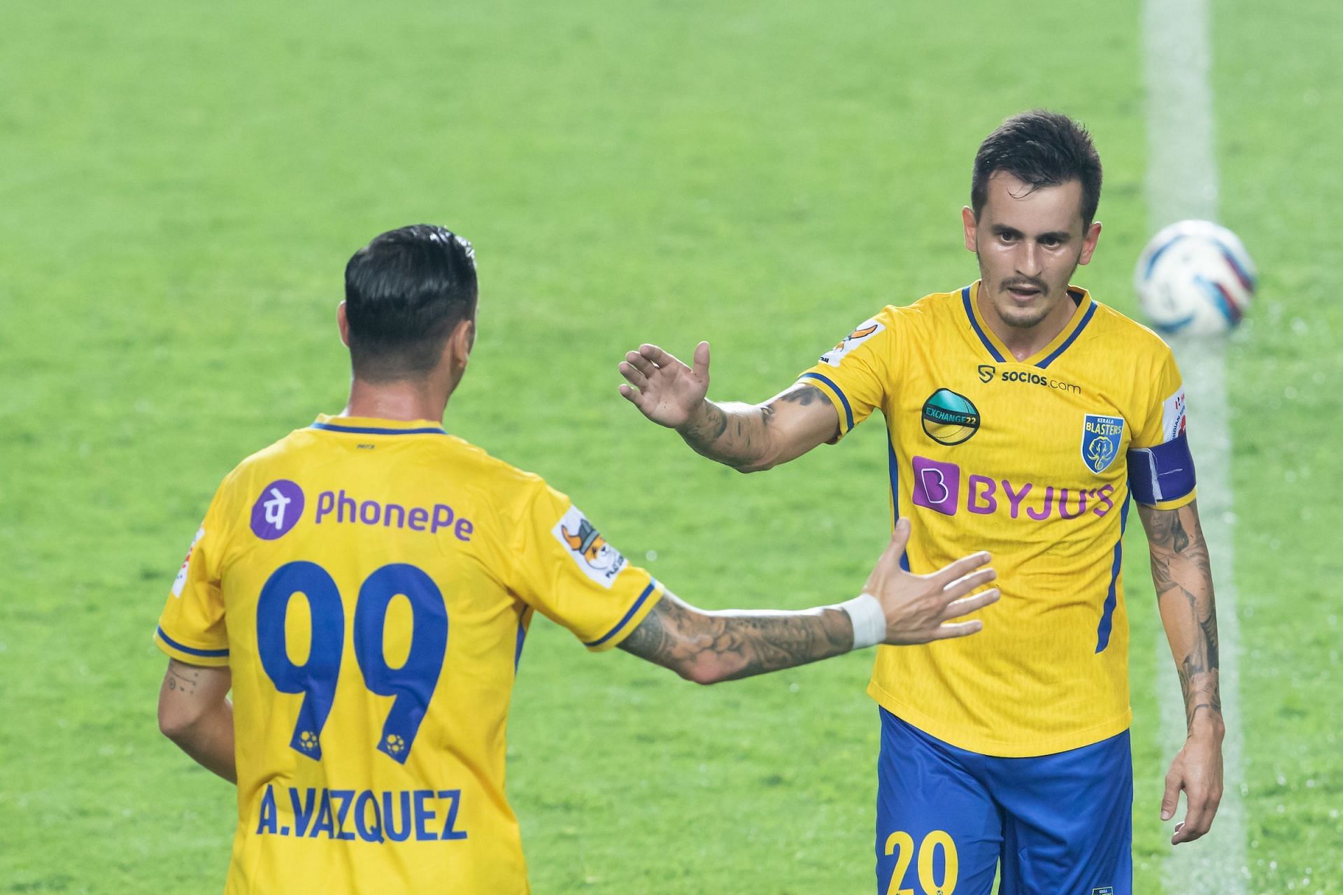 Kerala Blasters FC&#039;s Adrian Luna celebrates his goal with colleague Alvaro Vasquez (Image Courtesy: ISL)