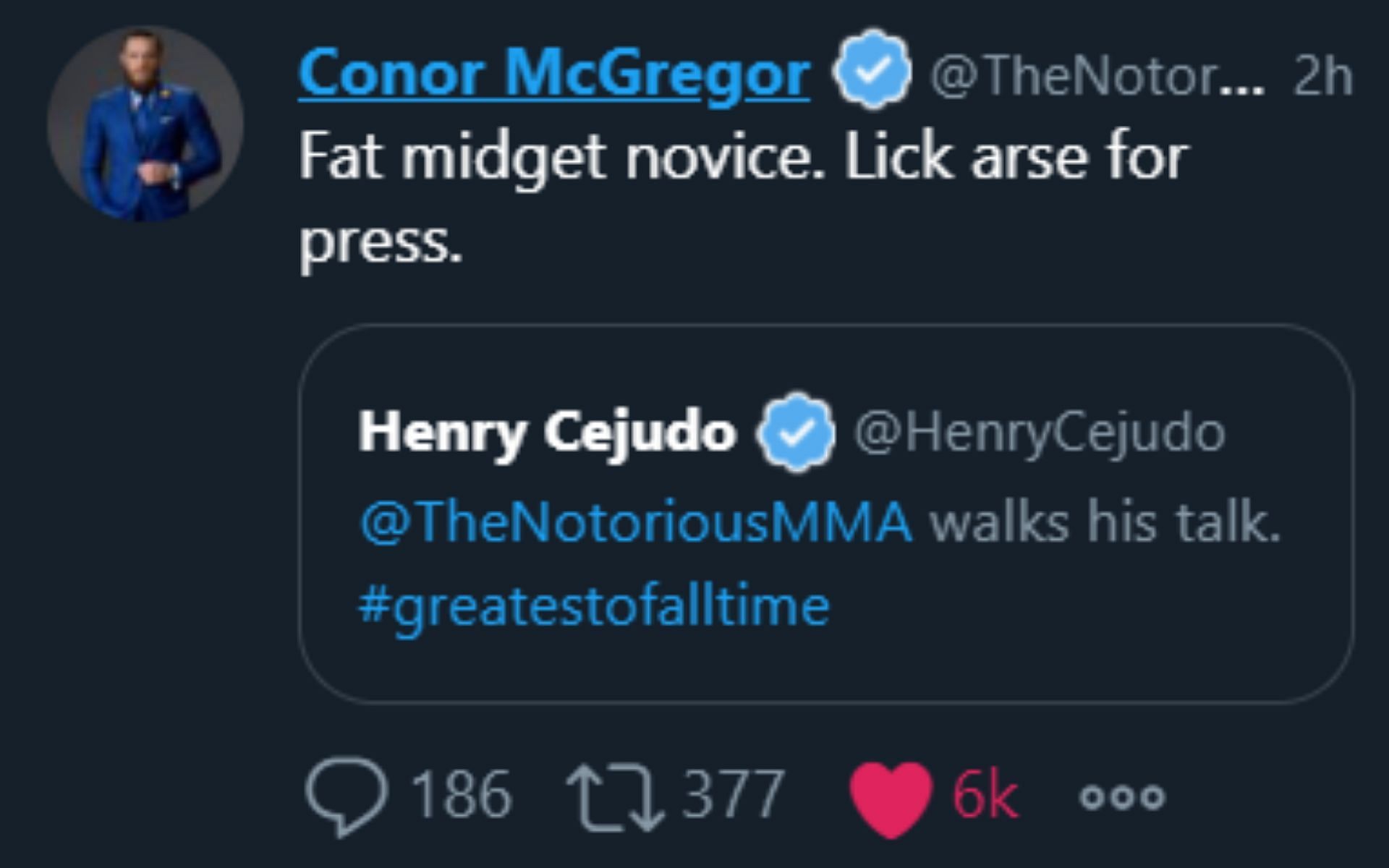 Conor McGregor replying to Henry Cejudo&#039;s tweet from 2016