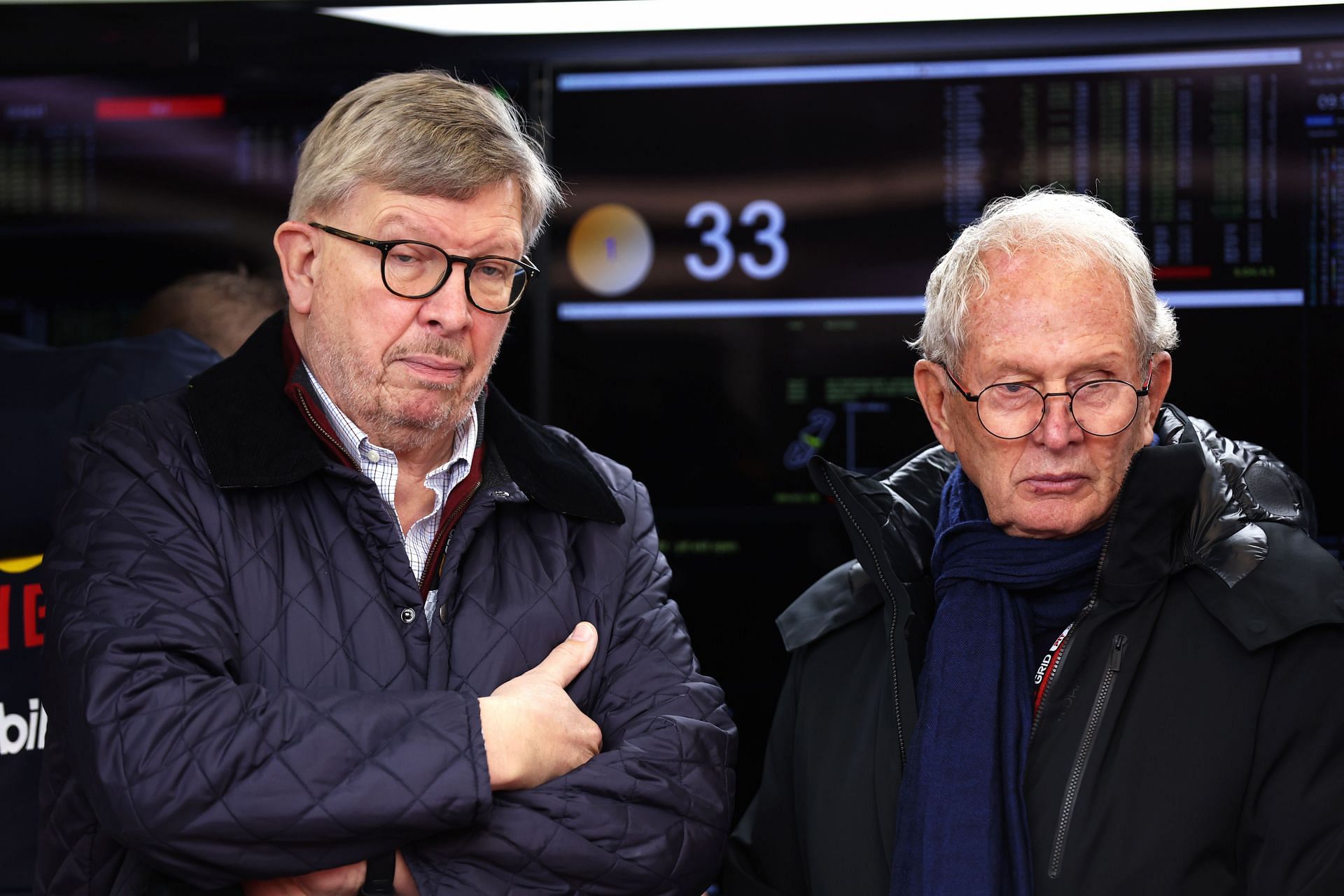 F1 managing dirctor of motorsports Ross Brawn with Red Bull special advisor Helmut Marko during the first pre-season test in Barcelona