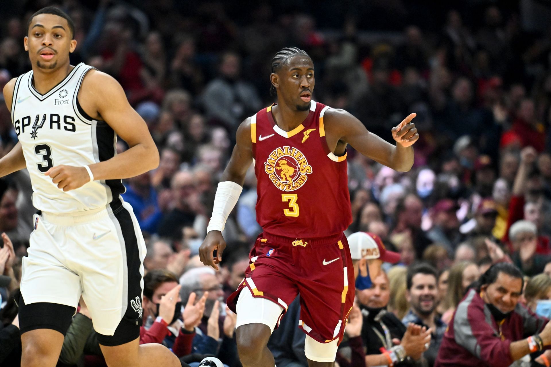 Caris LeVert celebrates a play for the Cleveland Cavaliers.