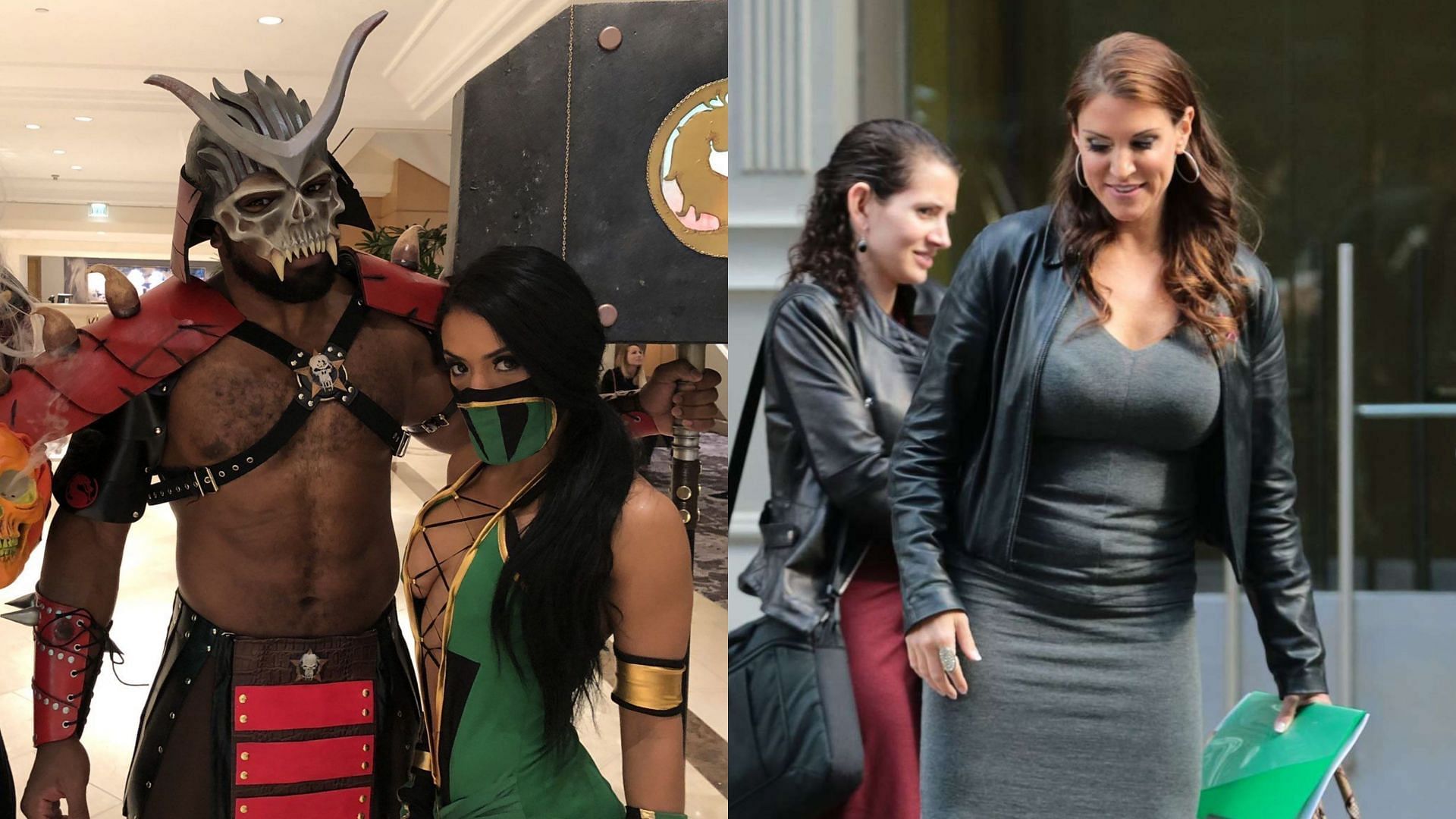Queen Zelina with King Woods (left) and Stephanie McMahon (right)