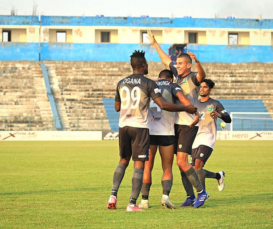 Sreenidi Deccan FC players celebrate after scoring a goal against Indian Arrows (Image Courtesy: I-League Twitter)