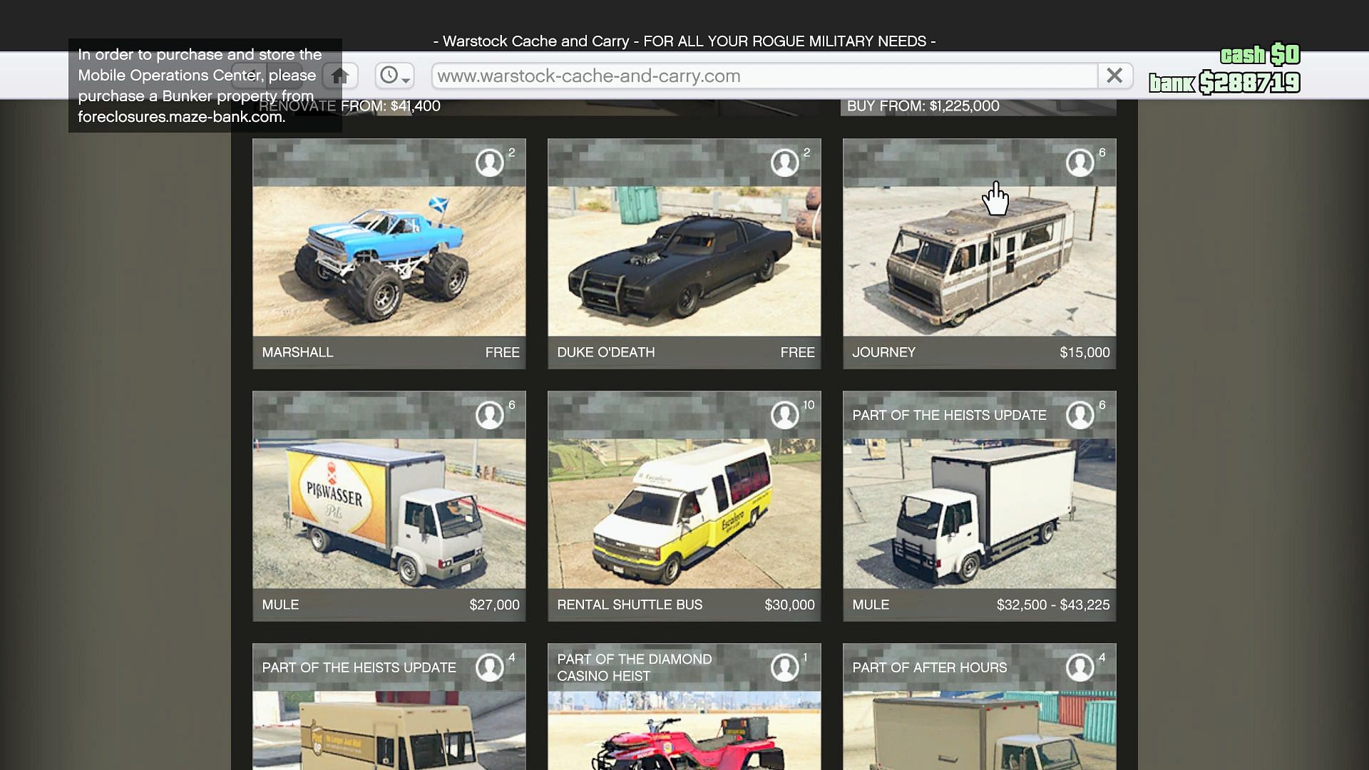 Warstock Cache &amp; Carry&#039;s options (Image via Rockstar Games)