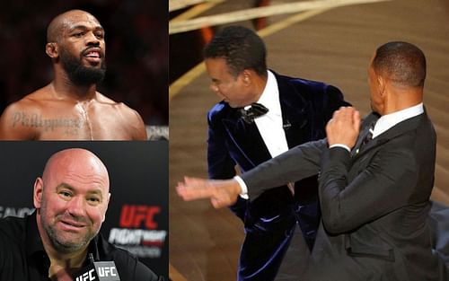 Jon Jones (left top), Dana White (left Bottom) via Getty, and Smith-Rock altercation (right) via Instagram @francisngannou