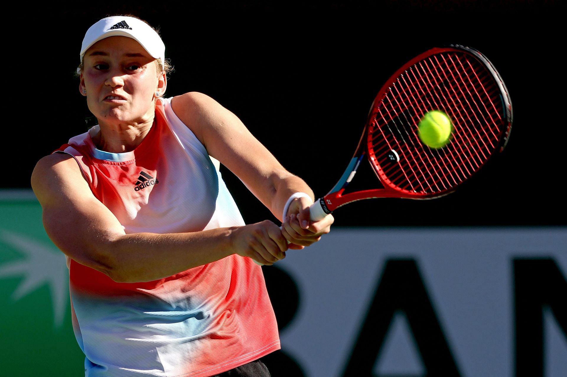 Elena Rybakina strikes the ball against Victoria Azarenka at the BNP Paribas Open