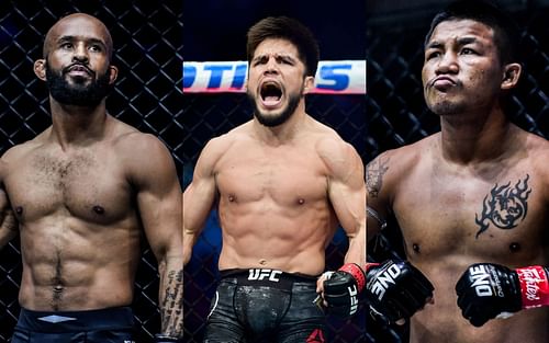 Demetrious Johnson (L) via. Twitter/MMAHistoryToday; Henry Cejudo (C); Rodtang Jitmuangnon(R) via. One Championship