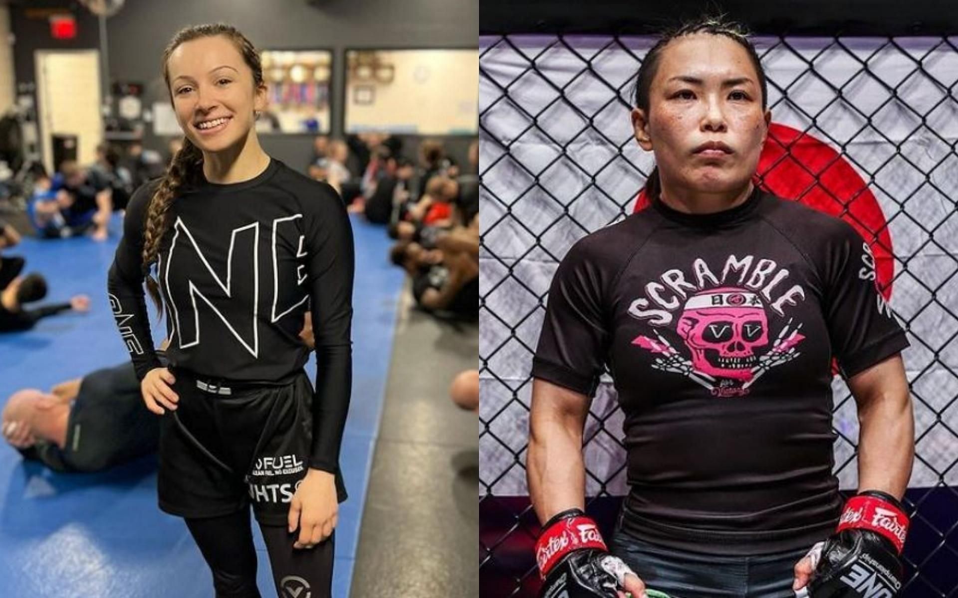 Danielle Kelly (left) looks to submit Mei Yamaguchi (right) at ONE: X. (Images courtesy: @daniellekellybjj and @v.vmeimma on Instagram)