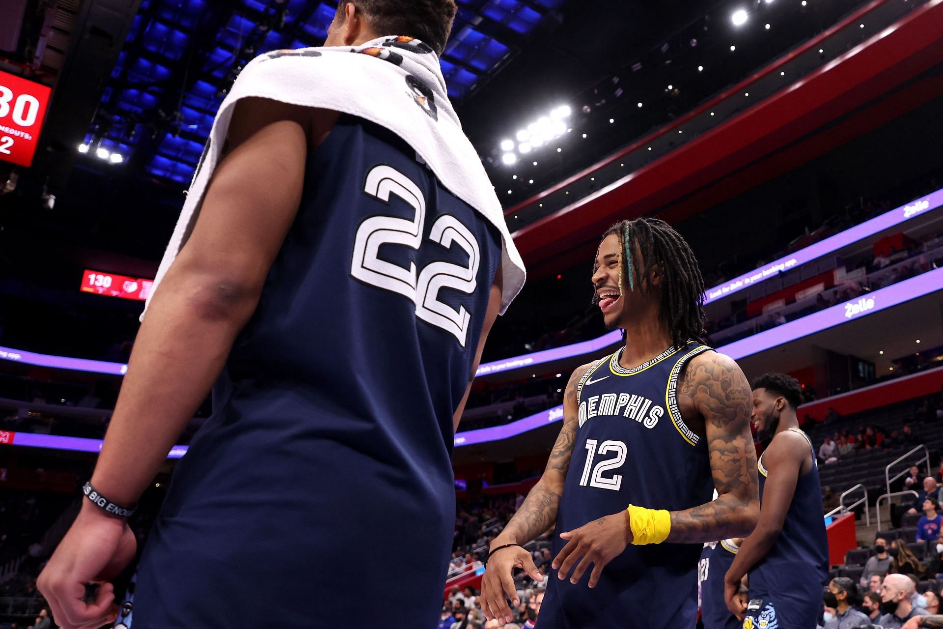 Ja Morant celebrates a play from the Memphis bench