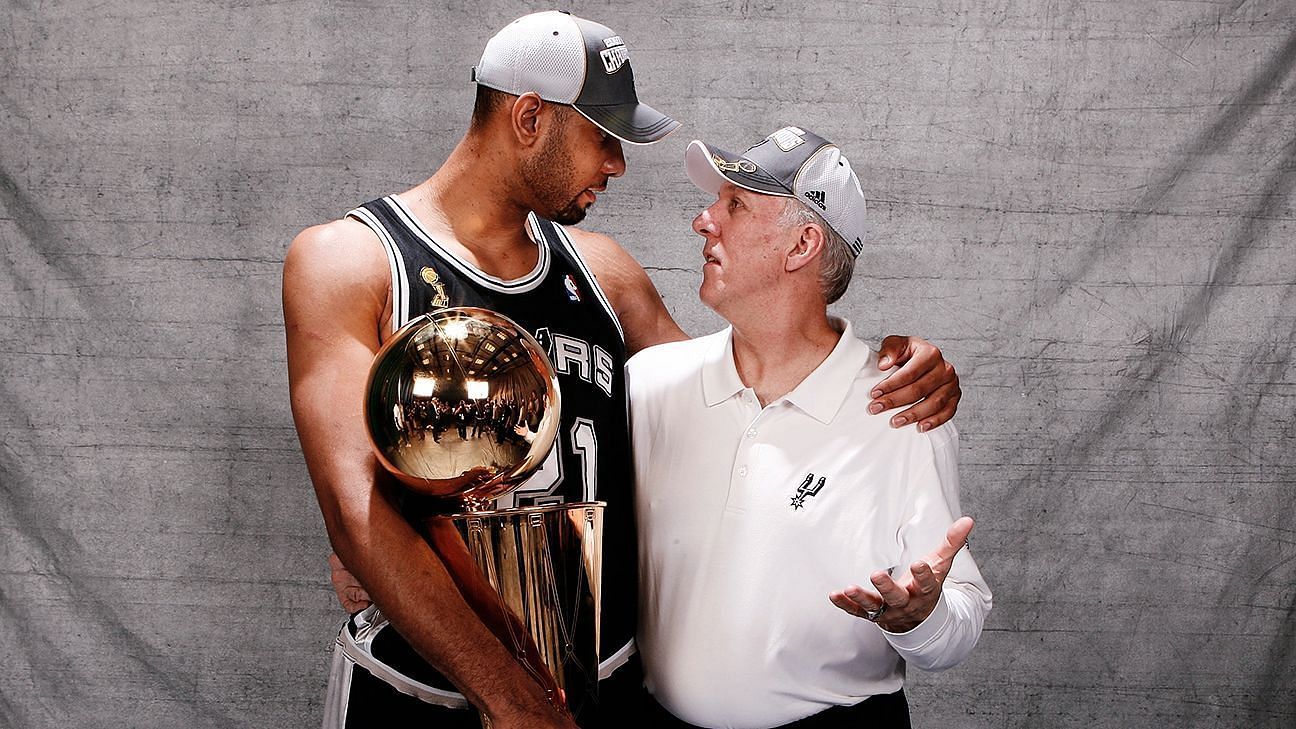 Tim Duncan, left, and coach Gregg Popovich.