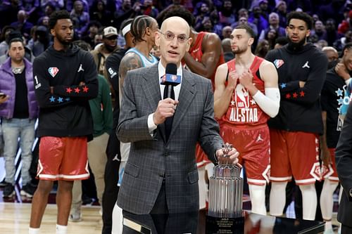 NBA Commissioner Adam Silver announces the Kobe Bryant MVP Trophy during the 2022 NBA All-Star Game