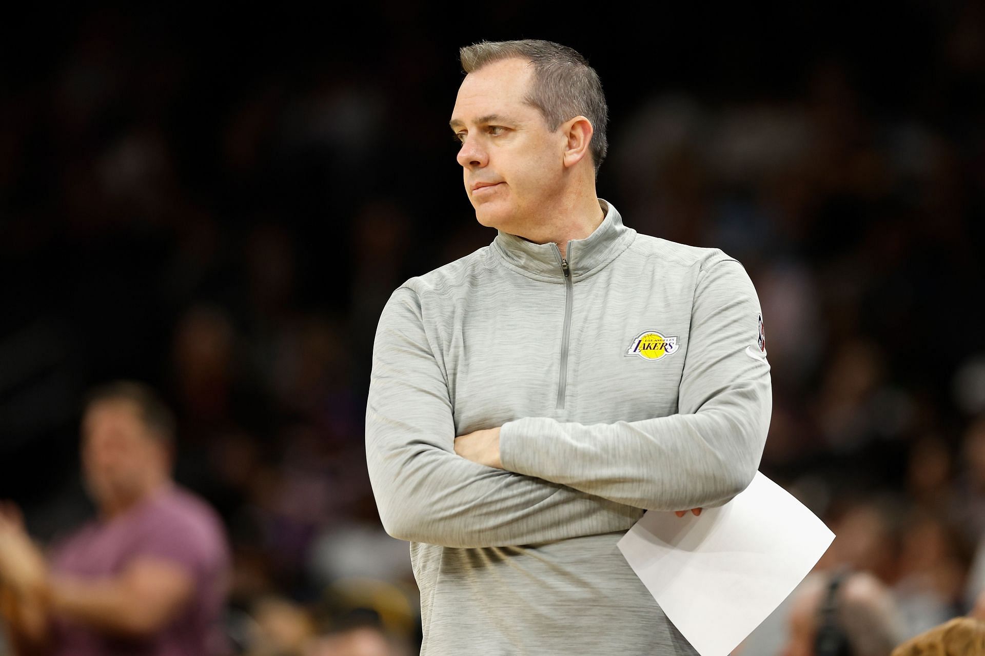 Head coach Frank Vogel of the LA Lakers reacts during the second half of the NBA game against the Phoenix Suns at Footprint Center on April 05, 2022 in Phoenix, Arizona. The Suns defeated the Lakers 121-110.