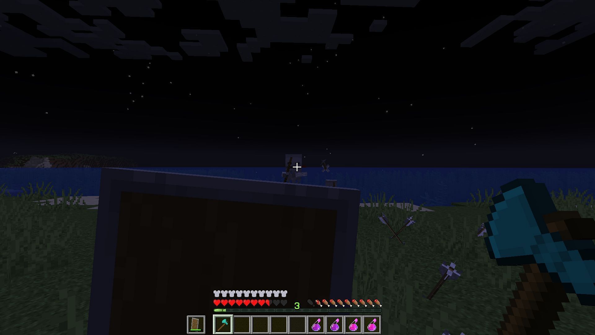 A player under the effect of a strength potion fights skeletons (Image via Minecraft)