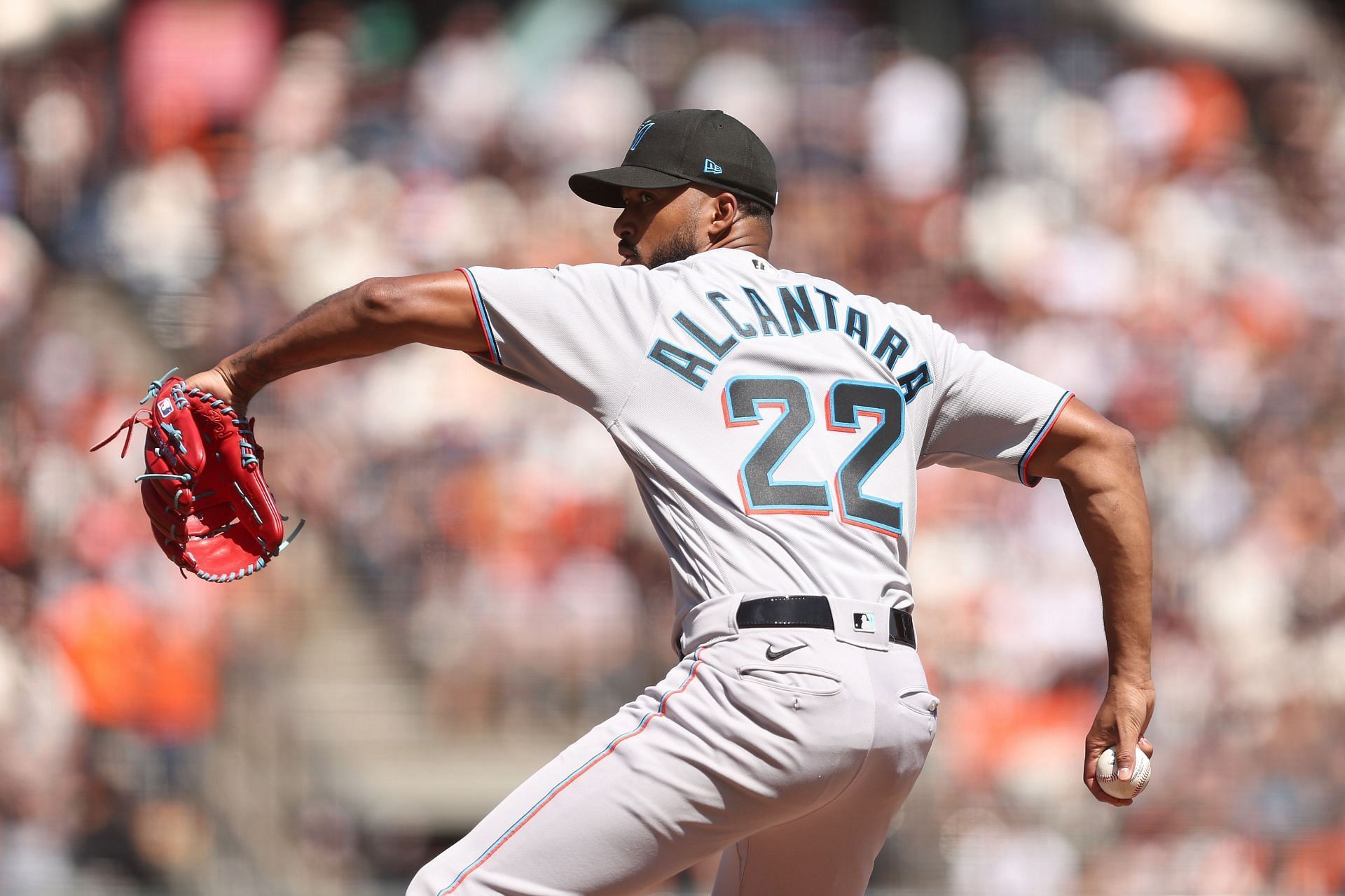 Sandy Alcantara pitches during yesterdays Marlins v Giants game.