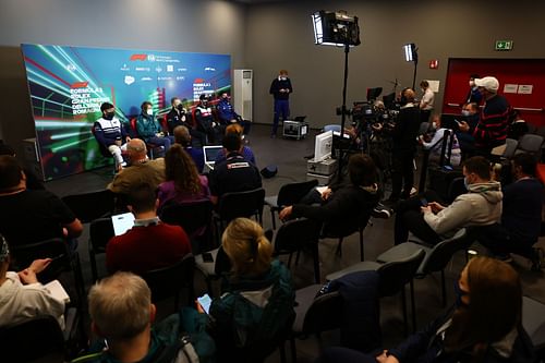 (L to R) Pierre Gasly, Sebastian Vettel, Kevin Magnussen, Guanyu Zhou, and Alex Albon during the drivers’ press conference before the F1 Grand Prix of Emilia Romagna - Practice & Qualifying