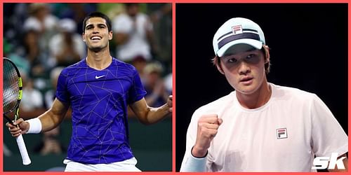 Carlos Alcaraz (L) takes on Kwon Soon-woo in the second round of the Barcelona Open